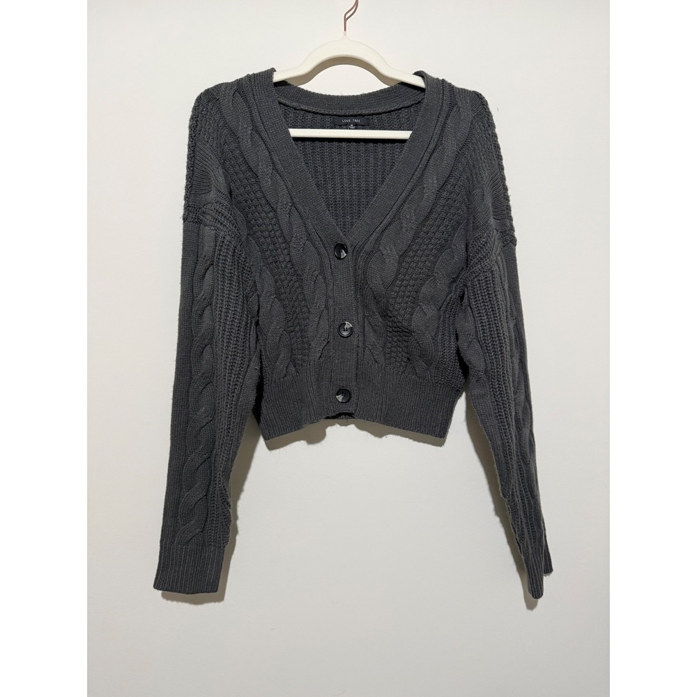 Love Tree Womens Charcoal Grey Cable Knit Cropped Cardigan Sweater Size M